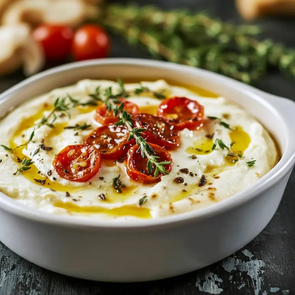Bowl of roasted garlic goat cheese dip topped with olive oil and thyme, served with toasted sourdough slices, Amazing Dips Recipes.