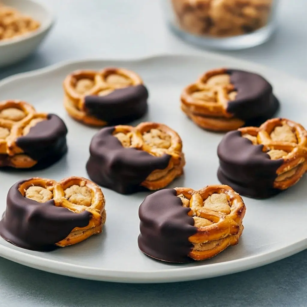 Close-up of chocolate-dipped peanut butter-filled pretzel bites on parchment paper, sprinkled with flaky sea salt and ready to grab.