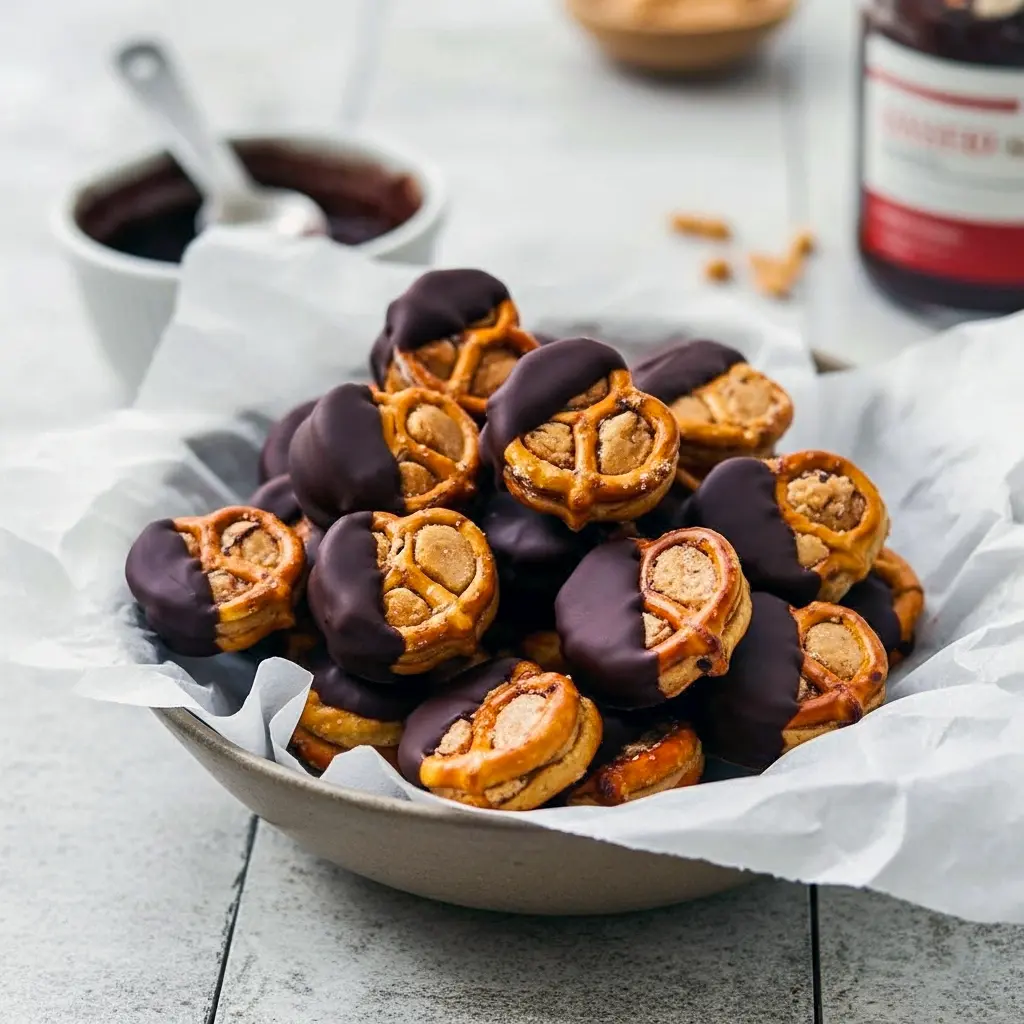 Close-up of chocolate-dipped peanut butter-filled pretzel bites on parchment paper, sprinkled with flaky sea salt and ready to grab.