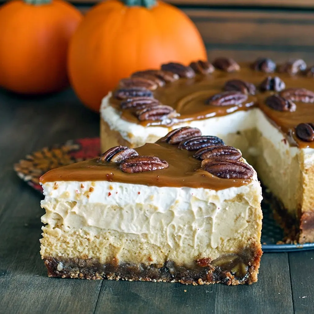 Slice of pecan-topped pumpkin cheesecake with caramel drizzle and candied pecans on a rustic plate, Thanksgiving Desserts.