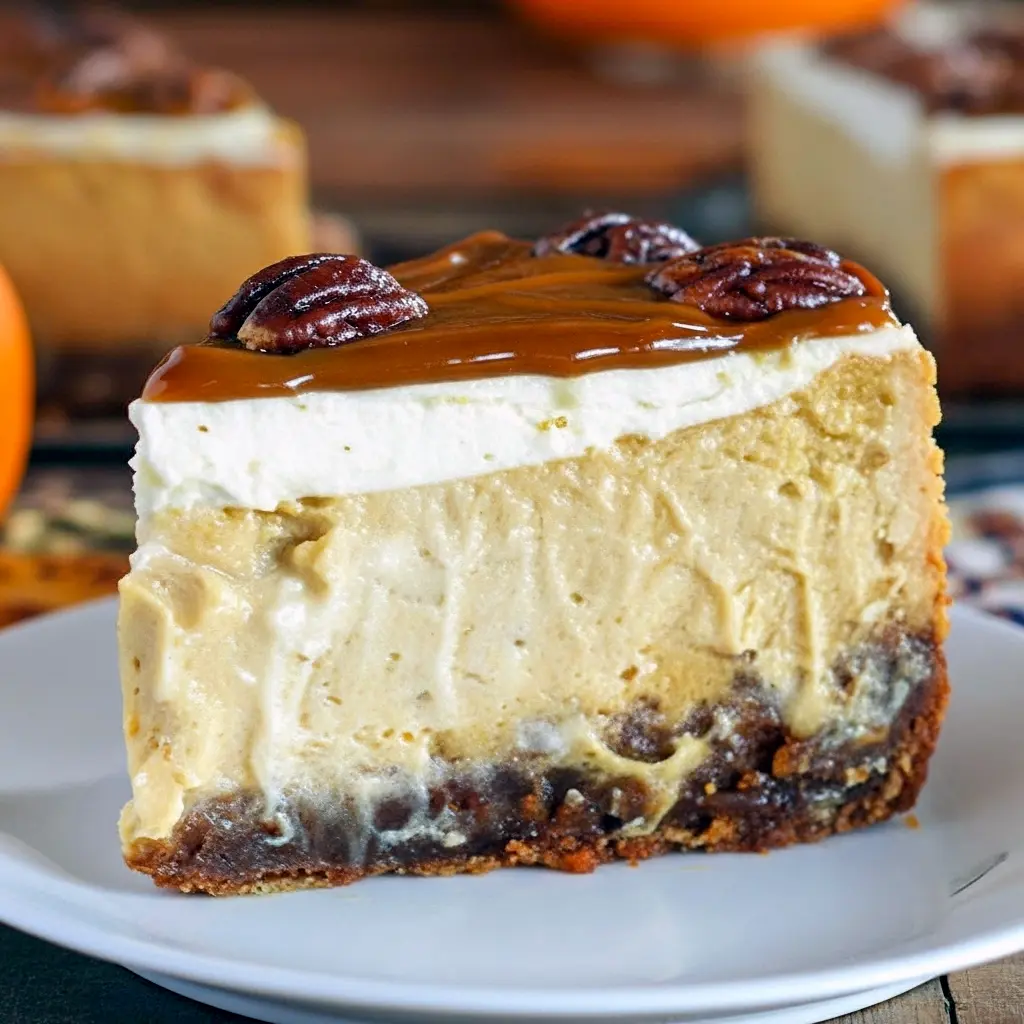 Slice of pecan-topped pumpkin cheesecake with caramel drizzle and candied pecans on a rustic plate.