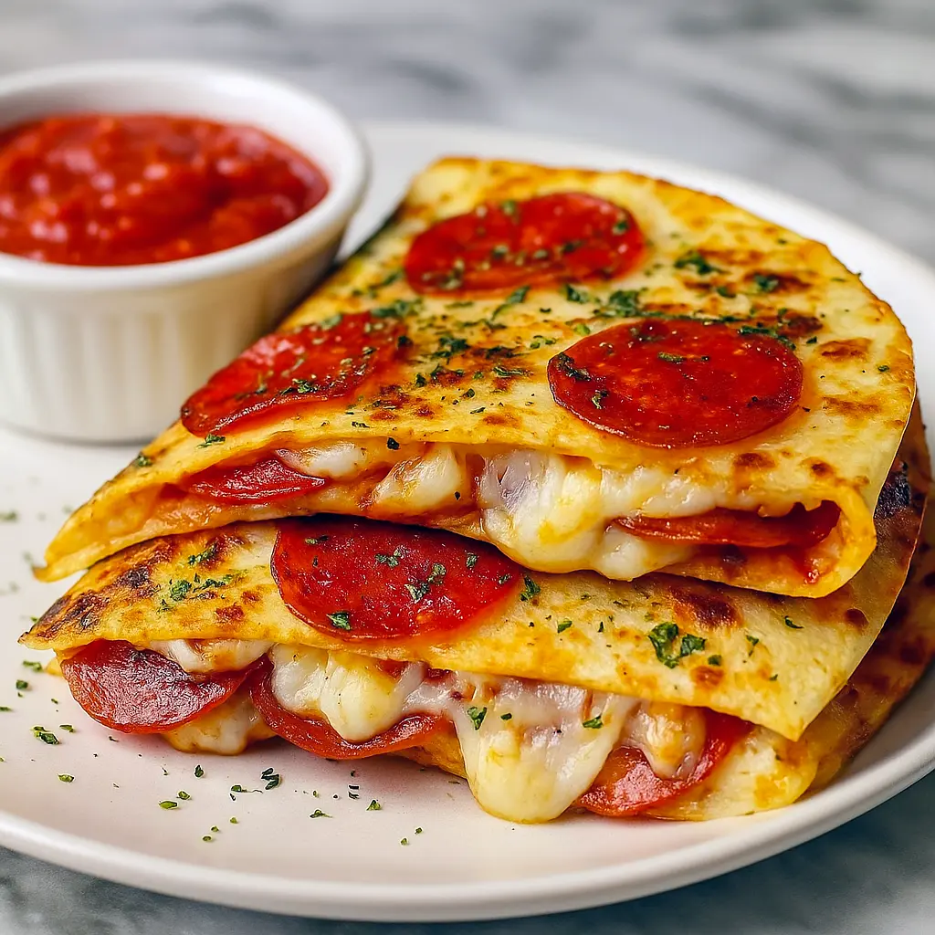 Golden, folded quesadilla sliced into wedges, oozing melted cheese and pepperoni, served with a small bowl of warm marinara for dipping.