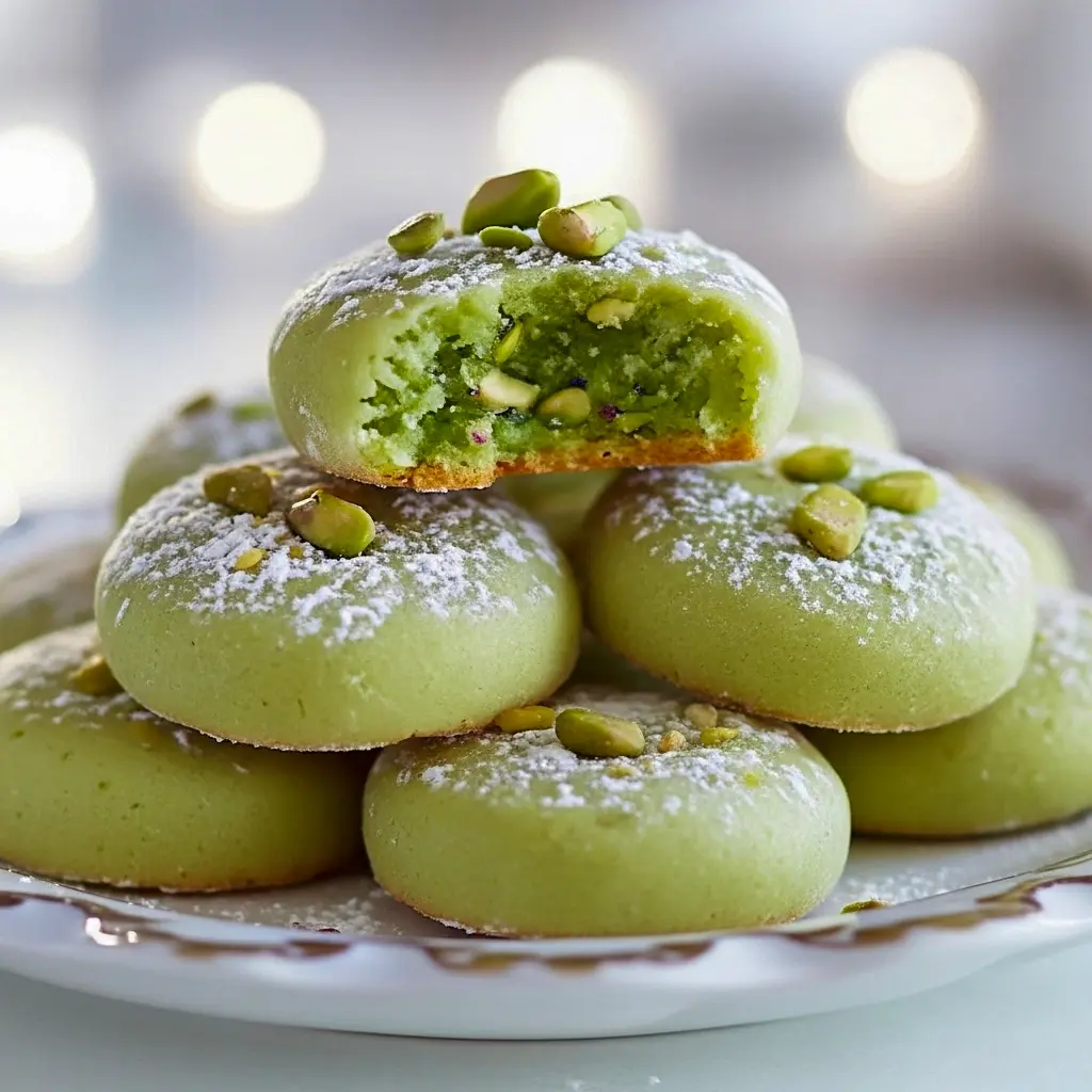 Close-up of powdered-sugar dusted Pistachio Wedding Cookies (pale green) arranged with sliced Pistachio Bars and mini Pistachio Petit Four, showing the tender crumb of these Pistachio Cookies inspired by Sicilian Cookies — a pretty platter of Green Cookies and bite-sized Pistachio Dessert ideas from my go-to Pistachio Recipes collection.