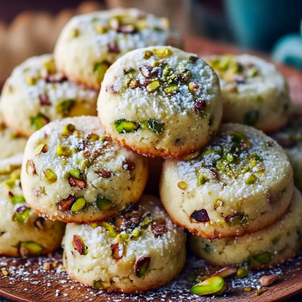 Round pistachio cookies dusted with powdered sugar, stacked on a white plate with chopped pistachios scattered around.
