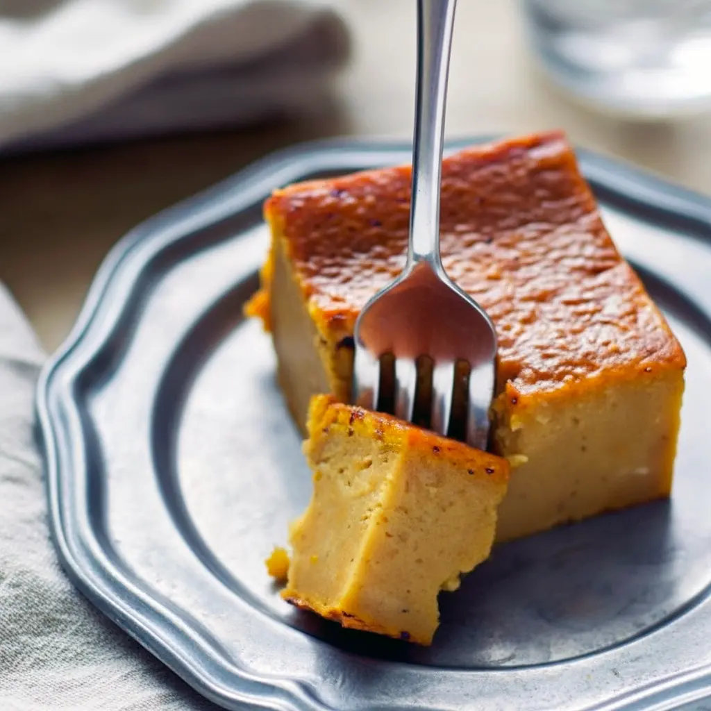 Close-up of a slice of Custard Cake with pumpkin spice swirls — a simple Pumpkin Cake from my Pumpkin Recipes Dessert collection, Magic Custard Cake.