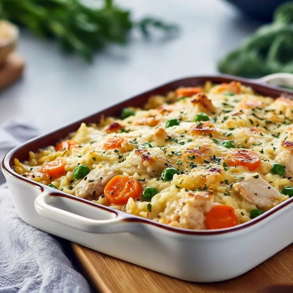 Golden, bubbling chicken-and-rice casserole in a ceramic dish, dotted with melted butter and a sprinkle of parsley, Quick Weeknight Casseroles.