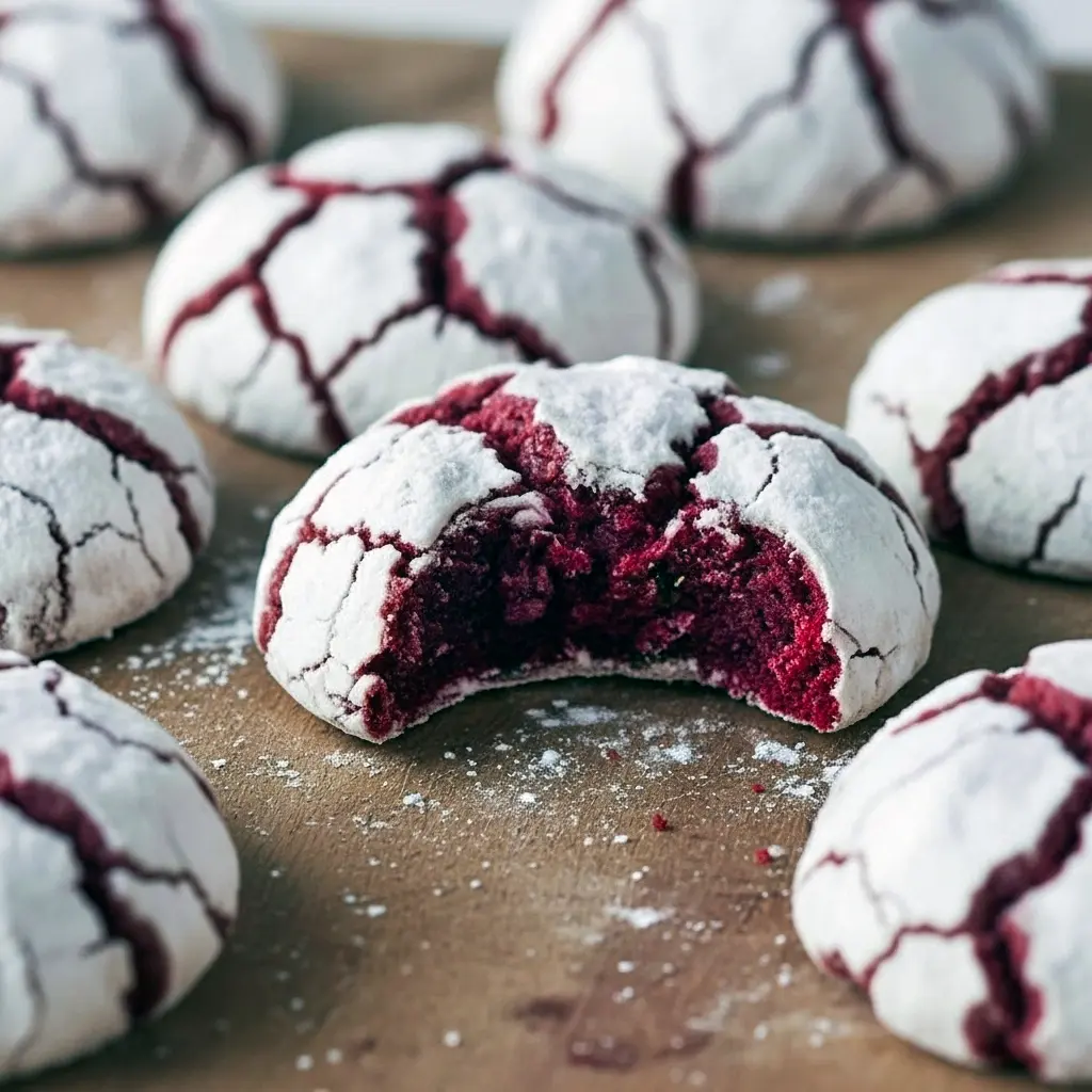 Close-up of red velvet crinkle cookies dusted in powdered sugar, stacked on a festive plate, Christmas Themed Dessert.