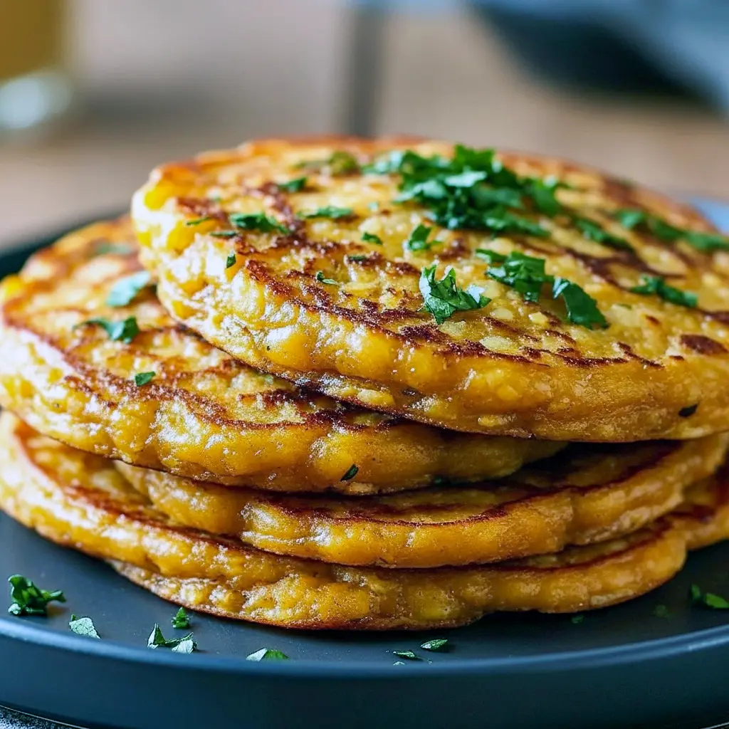 Stack of golden red lentil pancakes topped with spiced sautéed zucchini, dollops of cashew cream and chutney, garnished with chopped cilantro on a rustic plate, Protein Rich Vegan Recipes.