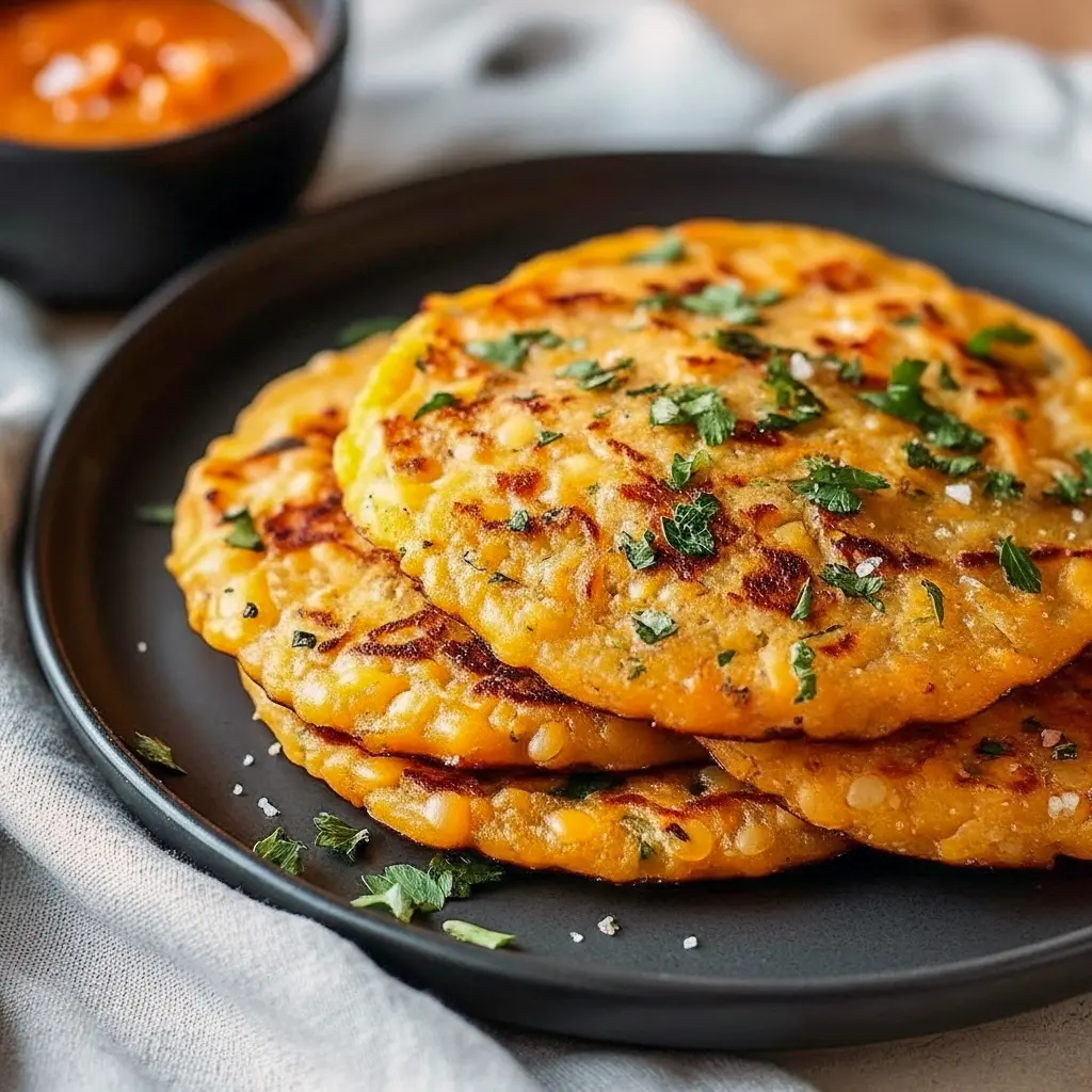 Stack of golden red lentil pancakes topped with spiced sautéed zucchini, dollops of cashew cream and chutney, garnished with chopped cilantro on a rustic plate.