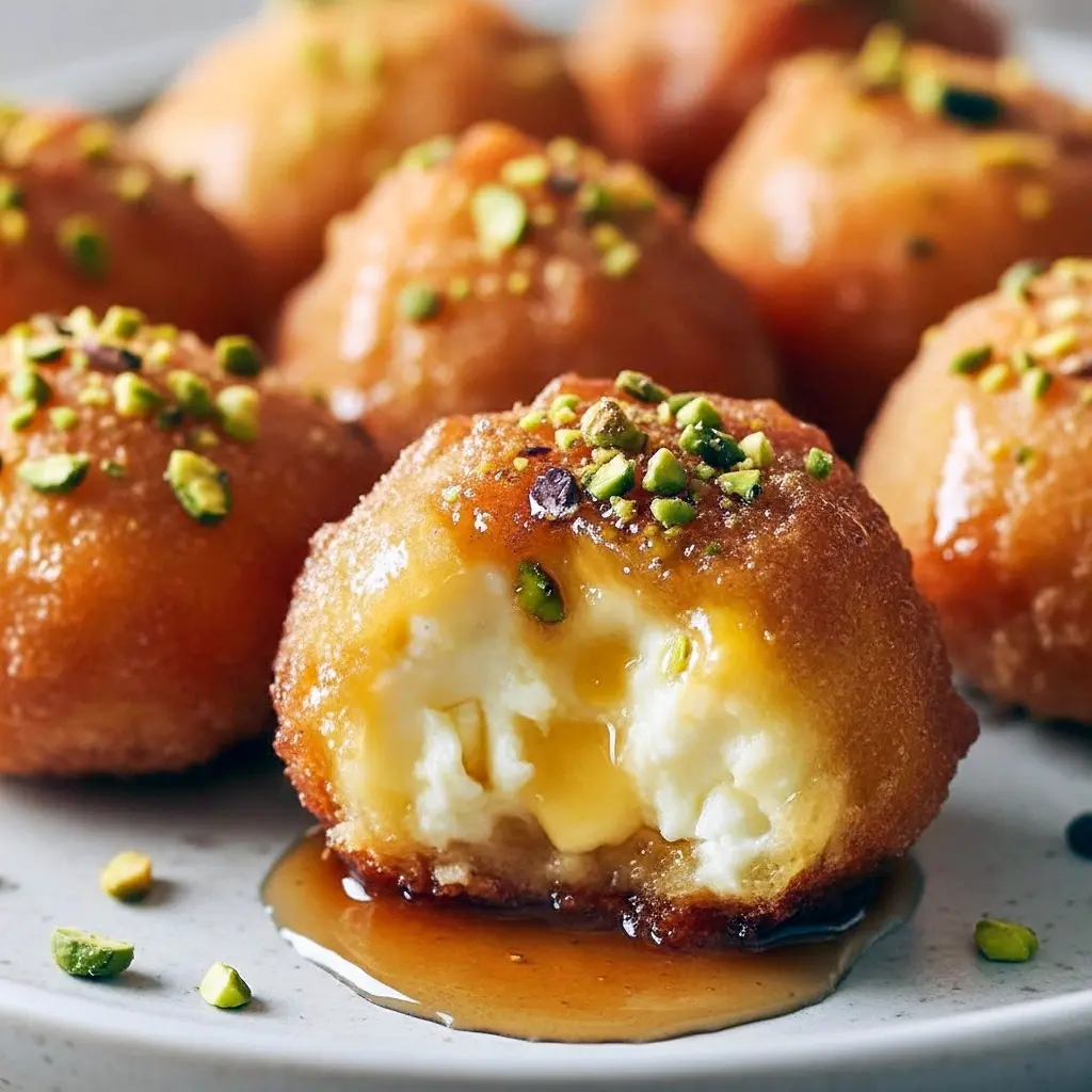 Close-up of honey-drizzled ricotta pistachio bites on a plate — a bite-sized Best Bites Recipes treat perfect as a Dessert For Gifts, paired with other Ricotta Baked Goods to create Impressive Baked Goods vibes; these tiny treats can lean into Spicy Dessert Recipes or playful Weird Desserts Recipes, echo Best Italian Desserts traditions, work as a classy Hosting Dessert, and are essentially irresistible Ricotta Balls.