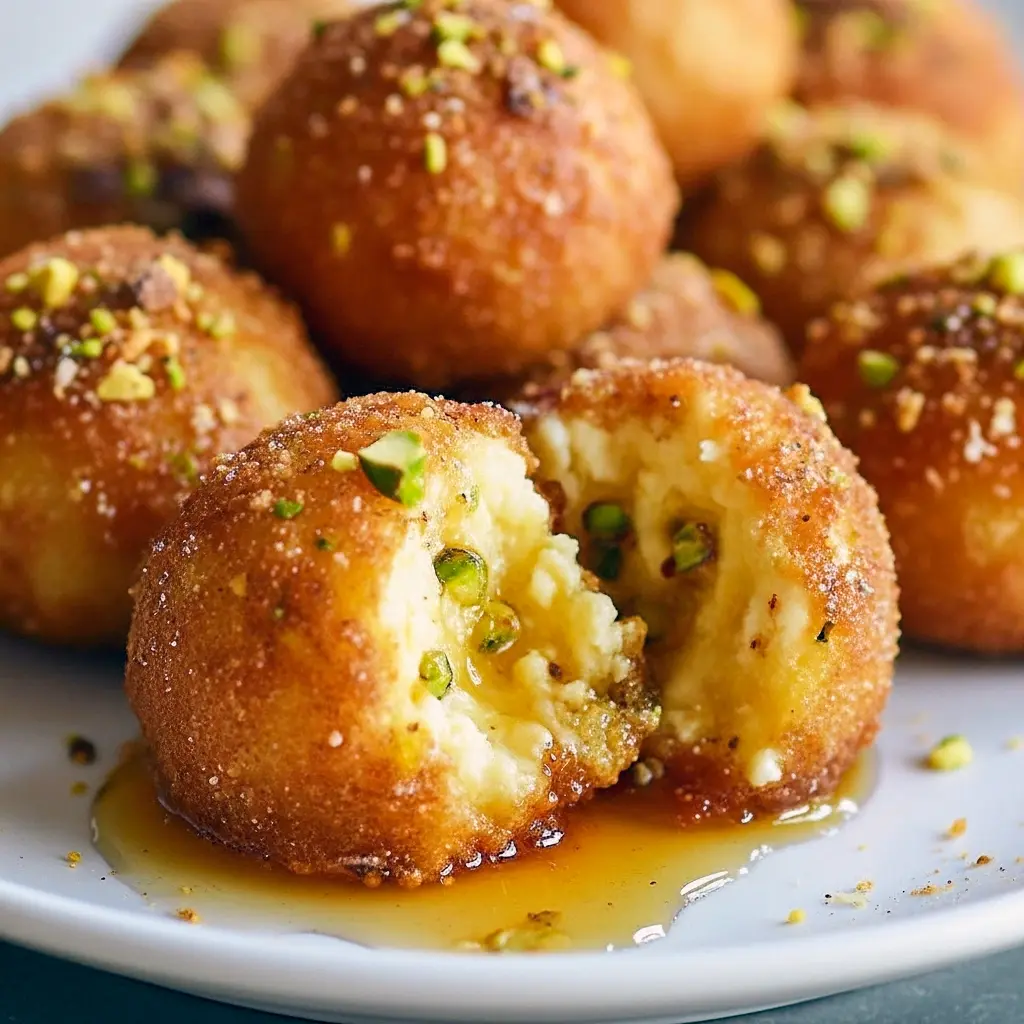 Close-up of honey-drizzled ricotta pistachio bites on a plate — a bite-sized Best Bites Recipes treat perfect as a Dessert For Gifts, paired with other Ricotta Baked Goods to create Impressive Baked Goods vibes; these tiny treats can lean into Spicy Dessert Recipes or playful Weird Desserts Recipes, echo Best Italian Desserts traditions, work as a classy Hosting Dessert, and are essentially irresistible Ricotta Balls.