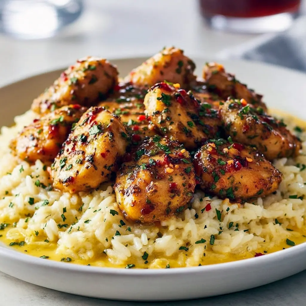 Close-up of seared chicken in garlic-butter sauce nestling on cheesy rice, styled for a cozy table — a tempting Chicken Scampi Recipe that reads like a silky Creamy Chicken Dish, perfect for fans of classic Chicken Scampi and easy Pasta Dinners, Skillet Dinner Recipes.