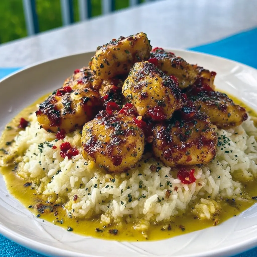 Close-up of seared chicken in garlic-butter sauce nestling on cheesy rice, styled for a cozy table — a tempting Chicken Scampi Recipe that reads like a silky Creamy Chicken Dish, perfect for fans of classic Chicken Scampi and easy Pasta Dinners.