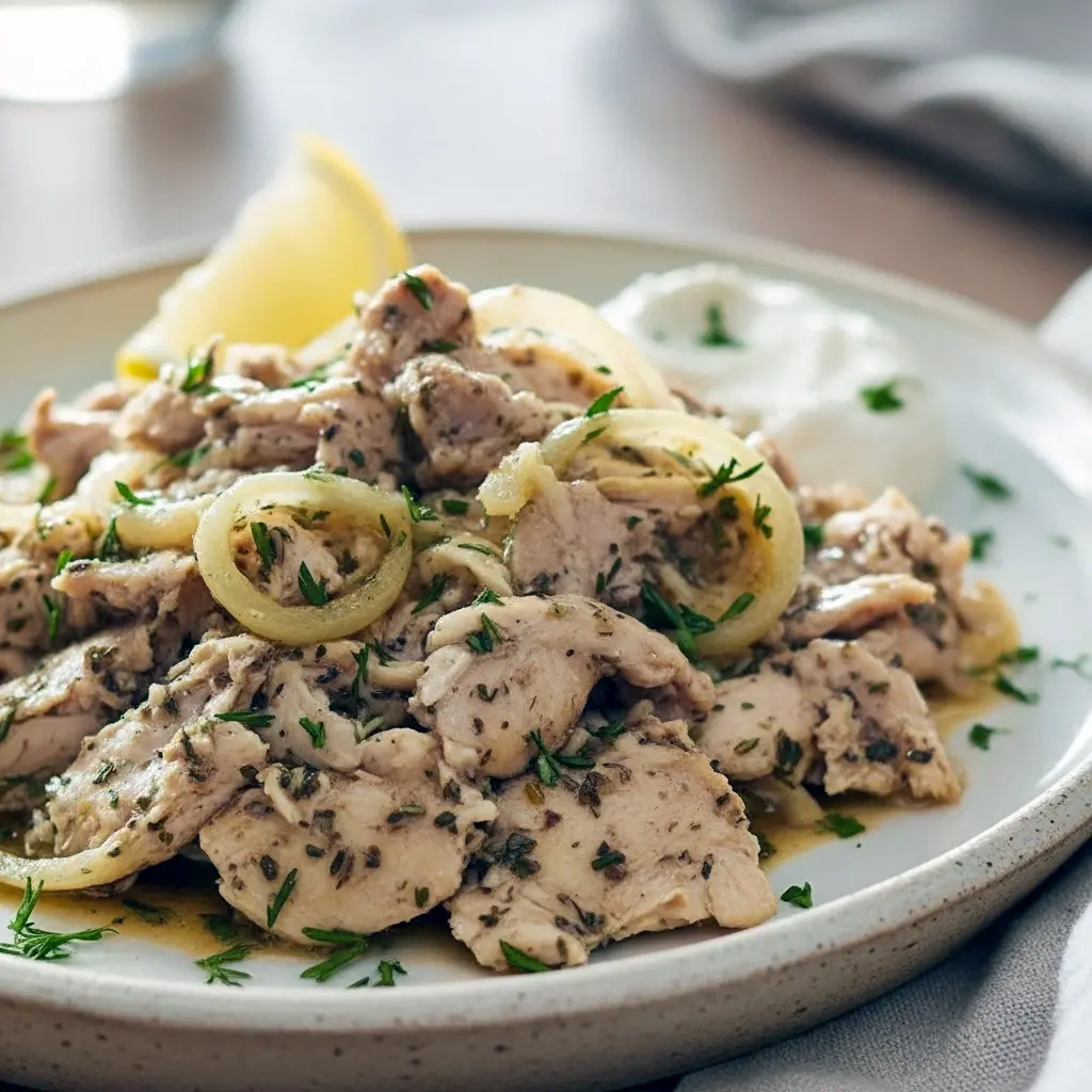 Shredded Greek chicken in a slow cooker with lemon wedges, fresh oregano, and bowls of rice and salad ready for serving, Greek Crockpot Meals.