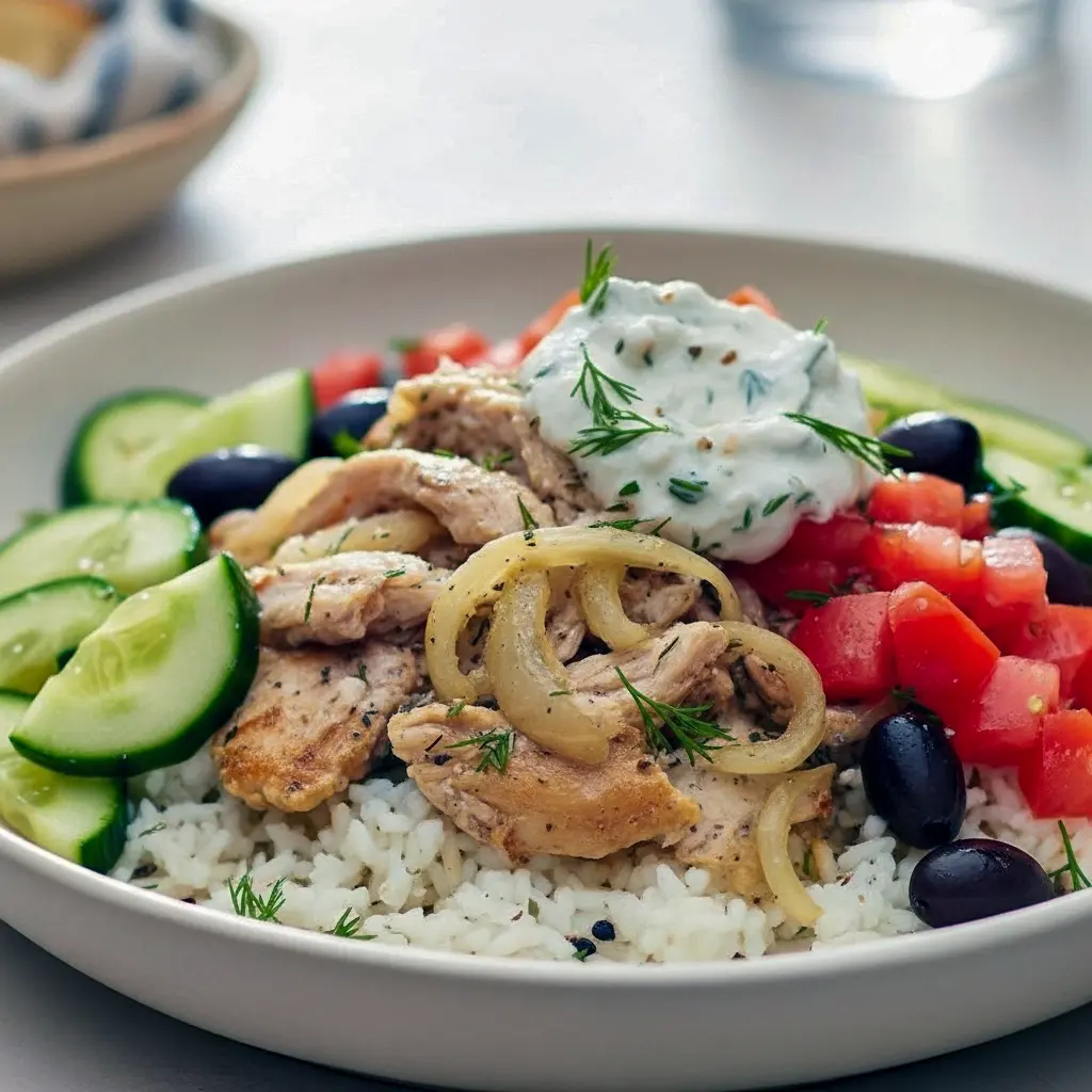Shredded Greek chicken in a slow cooker with lemon wedges, fresh oregano, and bowls of rice and salad ready for serving.