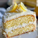 Slice of lemon layer cake with creamy lemon filling, whipped cream topping and fresh berries on a white plate.