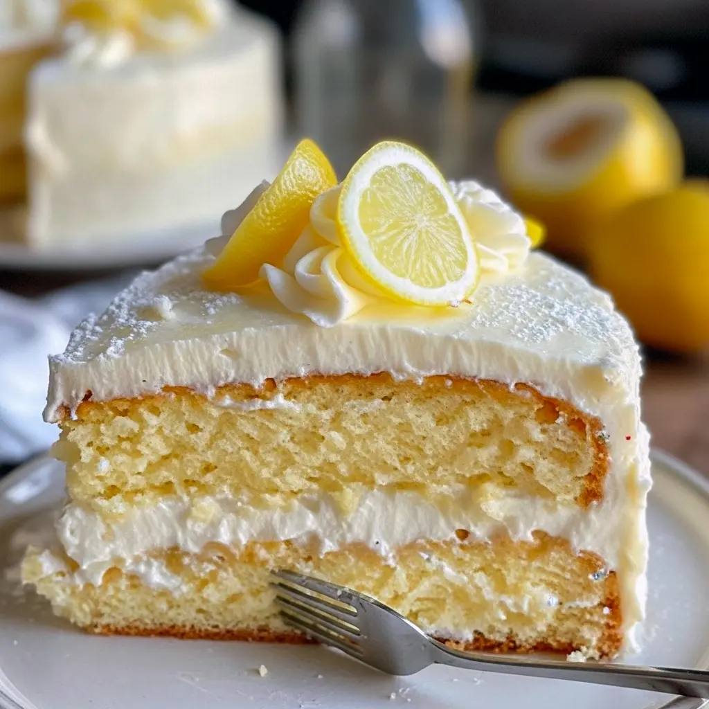 Slice of lemon layer cake with creamy lemon filling, whipped cream topping and fresh berries on a white plate.