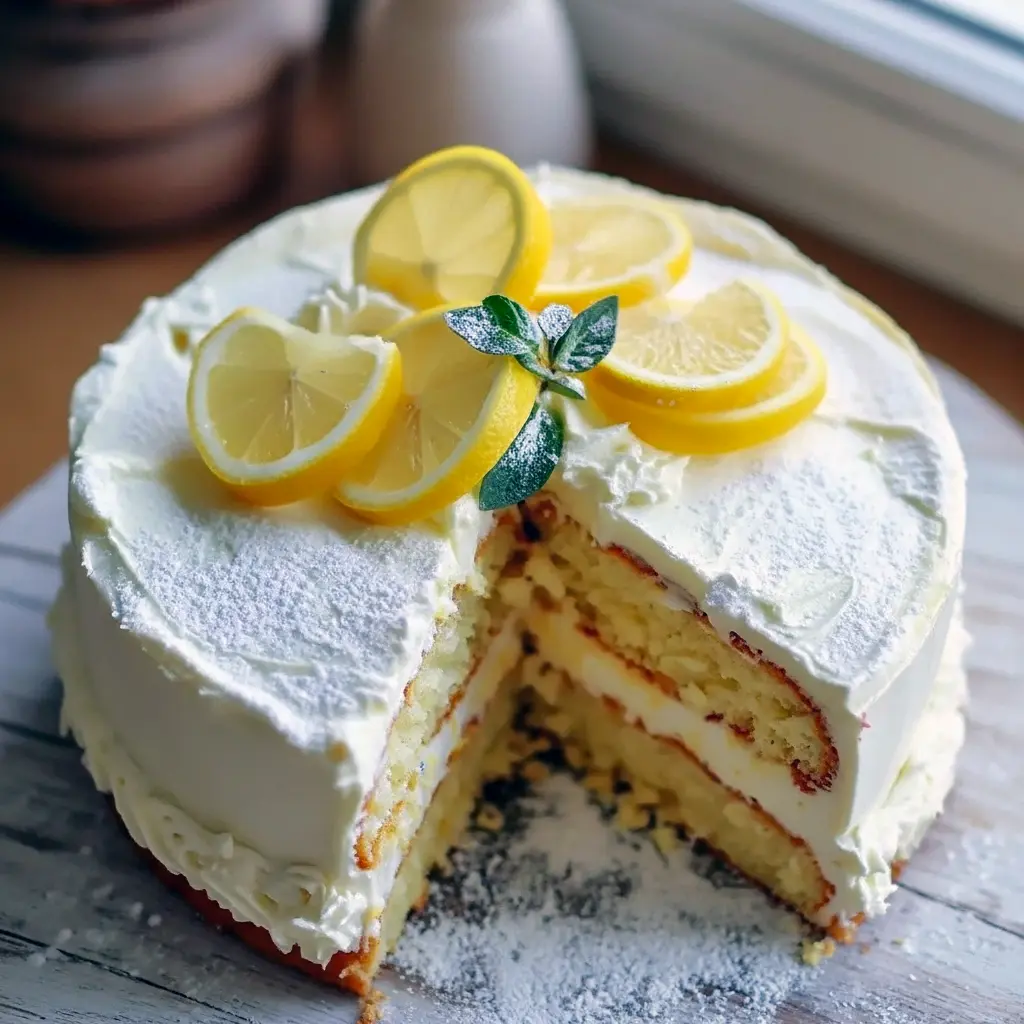 Slice of lemon layer cake with creamy lemon filling, whipped cream topping and fresh berries on a white plate.