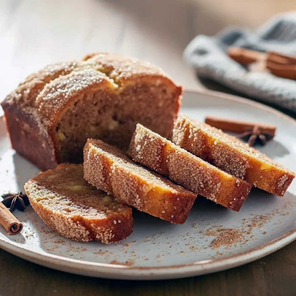 Sliced loaf with a golden cinnamon-sugar crust and tender apple-speckled crumb, photographed on a wooden board — a cozy entry in Apple Cider Baked Goods, great for Fall Quick Bread Recipes, and a lovely example of Apple Cider Doughnut Bread, Apple Donut Bread.