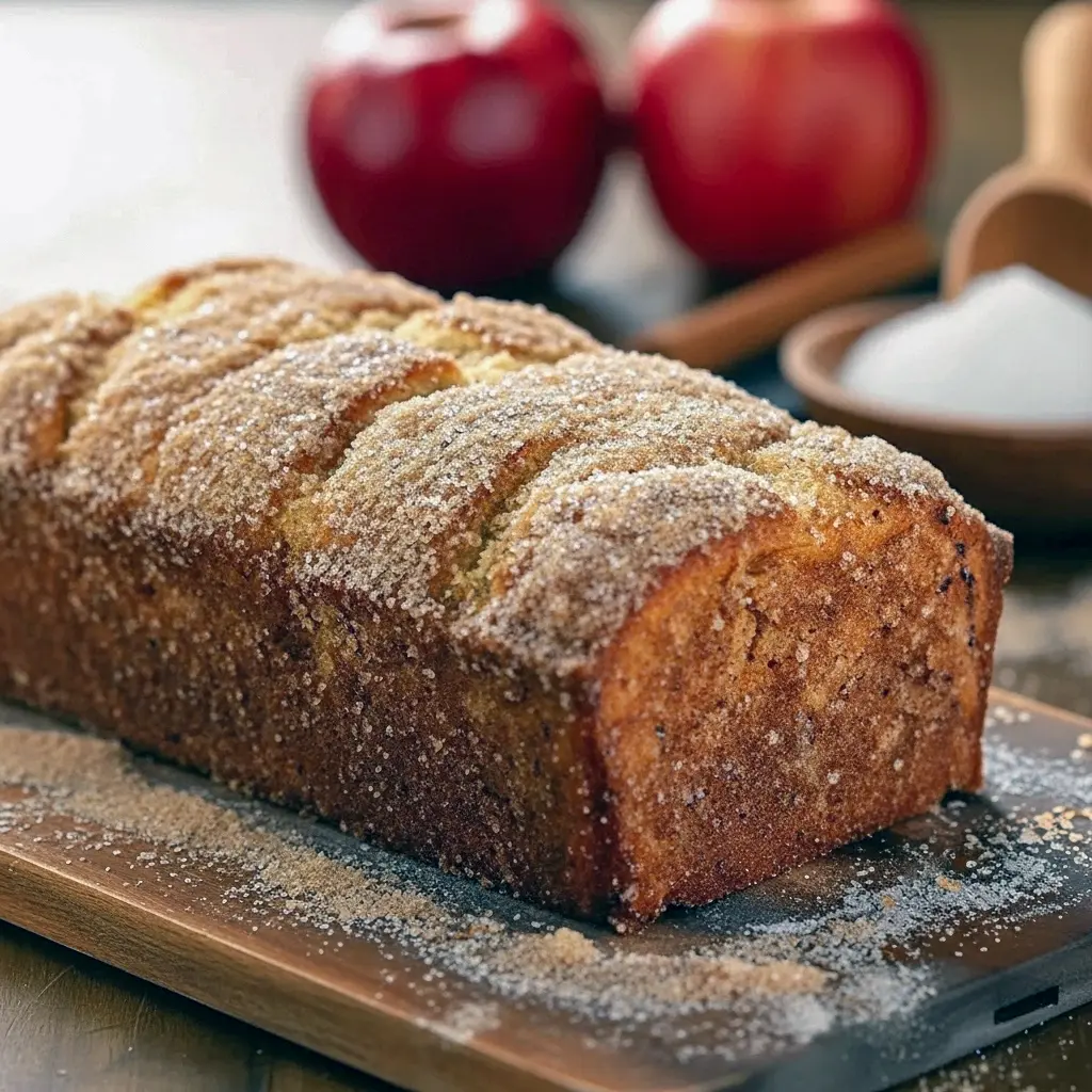 Sliced loaf with a golden cinnamon-sugar crust and tender apple-speckled crumb, photographed on a wooden board — a cozy entry in Apple Cider Baked Goods, great for Fall Quick Bread Recipes, and a lovely example of Apple Cider Doughnut Bread.