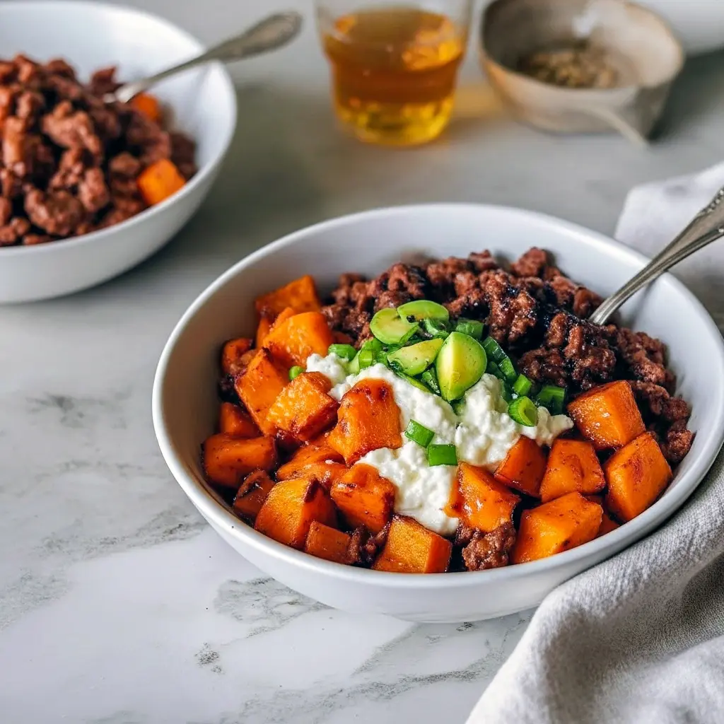 Bowl of roasted sweet potato cubes, seasoned ground beef, a scoop of cottage cheese, sliced avocado, and a drizzle of hot honey, garnished with cilantro and lime.