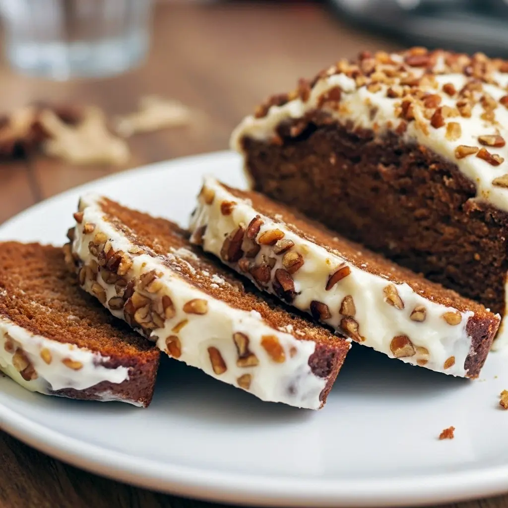 Slice of gingerbread loaf with cream-cheese frosting and chopped pecans on a wooden board — warm, spiced holiday bread, Starbucks Gingerbread Loaf.