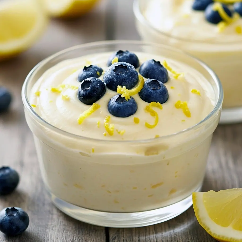 Glass jar of pale yellow Whipped Cottage Cheese Lemon Mousse topped with blueberries — a light Lemon Cottage Cheese Mousse that’s Desserts Low Calorie and fits into Lemon Recipes Dessert Healthy menus.