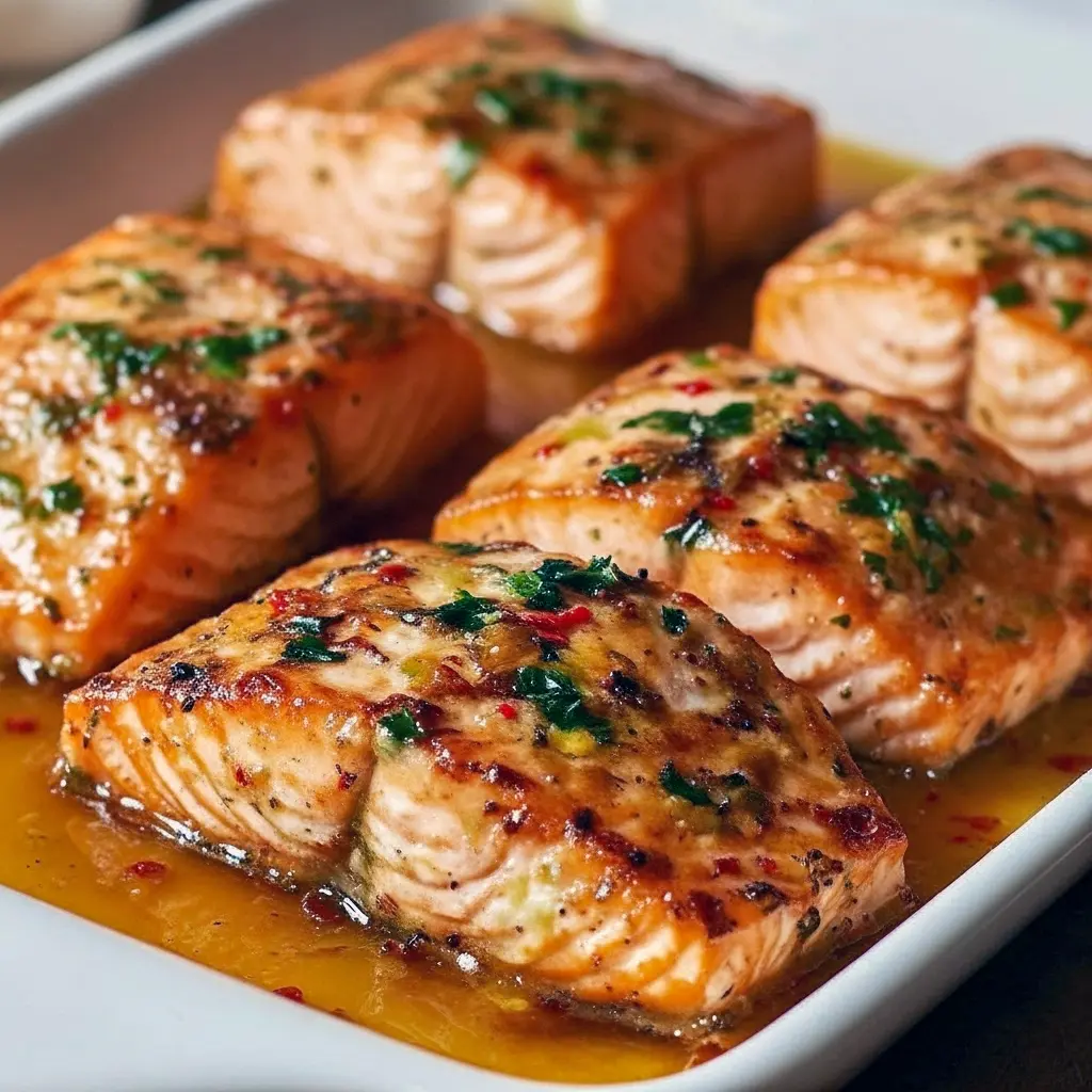 Two golden-baked salmon fillets on a baking sheet, seasoned with spices, garnished with lemon slices and chopped parsley.