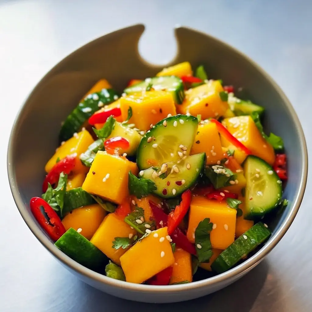 A vibrant Thai Mango Cucumber Salad with juicy mango chunks, crisp cucumber, red bell pepper, and fresh cilantro tossed in a tangy lime dressing — the perfect Mango Salad Recipe Summer dish full of Veggies In Season and tropical flair.