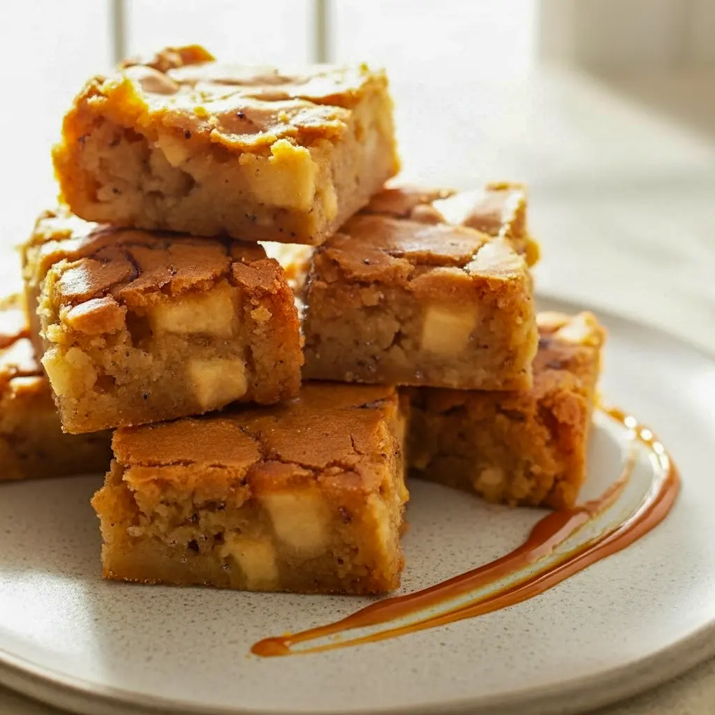 Close-up of golden, chewy apple blondie squares studded with fresh apple pieces and toasted pecans, drizzled with caramel and dusted with cinnamon — a visual of The Best Apple Desserts, ideal Thanksgiving Blondies, playful Apple Blondes, a crunchy Apple Brickle twist, sweet Apple Honey Dessert notes, nutty Apple Pecan bites, classic Homemade Apple Desserts, autumnal Apple Cider Blondies, and nostalgic Apple Pie Blondies.