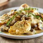 Creamy skillet of Asiago Chicken with mushrooms and thyme — an easy gourmet-style Winner Winner Chicken Dinner packed with flavor and perfect for weeknight Chicken Main Dishes.