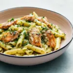 Golden seared salmon chunks tossed with pesto-coated penne, lemon wedge and grated parmesan — a bright Pescatarian Pasta plate ready to serve.