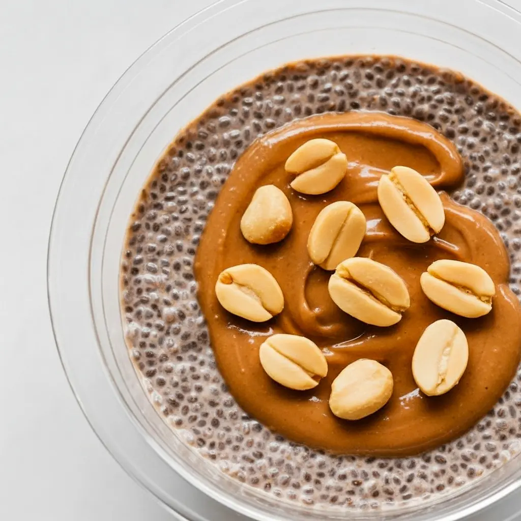Jar of chocolate-peanut butter chia pudding topped with sliced banana and crushed peanuts — high-protein Protein Chia Seed Pudding ready to eat.