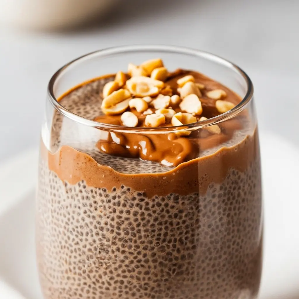 Jar of chocolate-peanut butter chia pudding topped with sliced banana and crushed peanuts — high-protein Protein Chia Seed Pudding ready to eat.