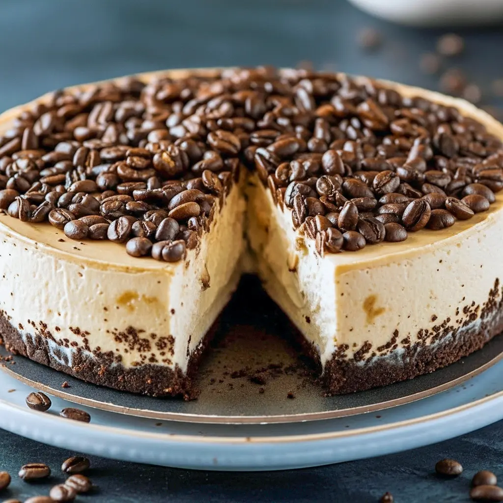 Close-up of a glossy espresso chocolate cheesecake slice with chocolate ganache and whipped cream, perfect as Food For Birthday, one of the best Fun Cheesecake Recipes, ideal for a Birthday Cheesecake table, and a beautiful Baked Cheesecake Recipe example, Unique Cheesecake Recipes.