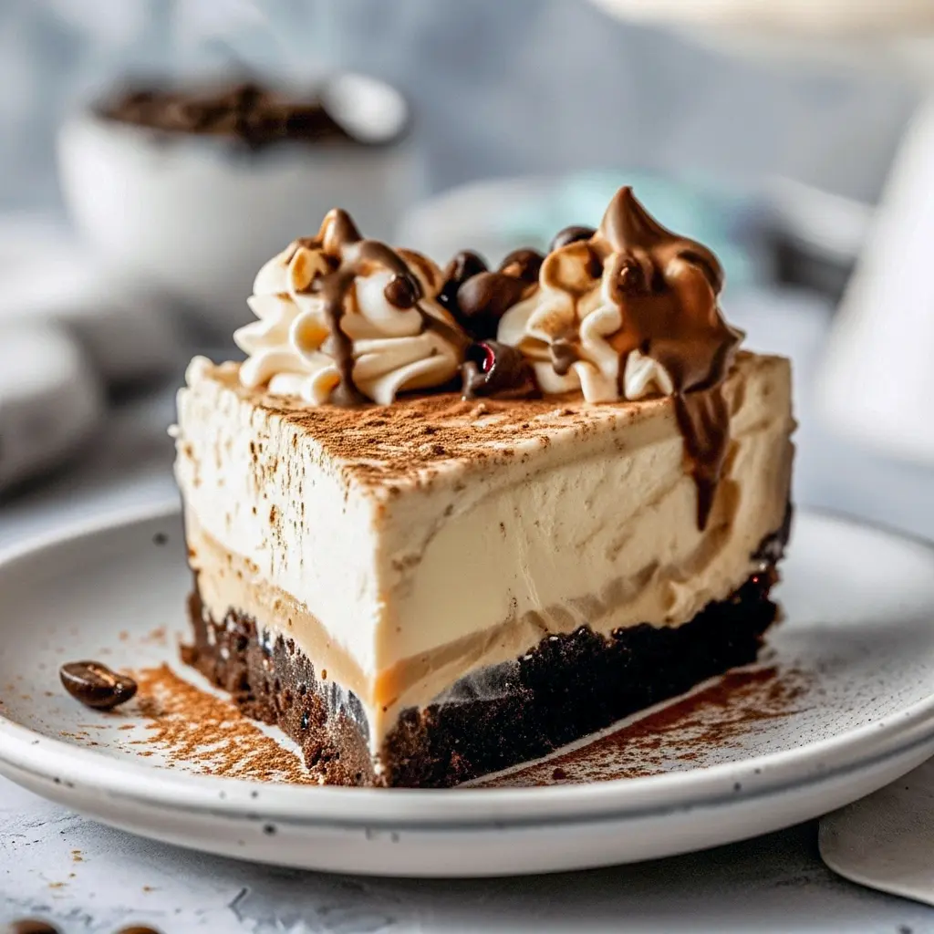 Close-up of a glossy espresso chocolate cheesecake slice with chocolate ganache and whipped cream, perfect as Food For Birthday, one of the best Fun Cheesecake Recipes, ideal for a Birthday Cheesecake table, and a beautiful Baked Cheesecake Recipe example, Unique Cheesecake Recipes.