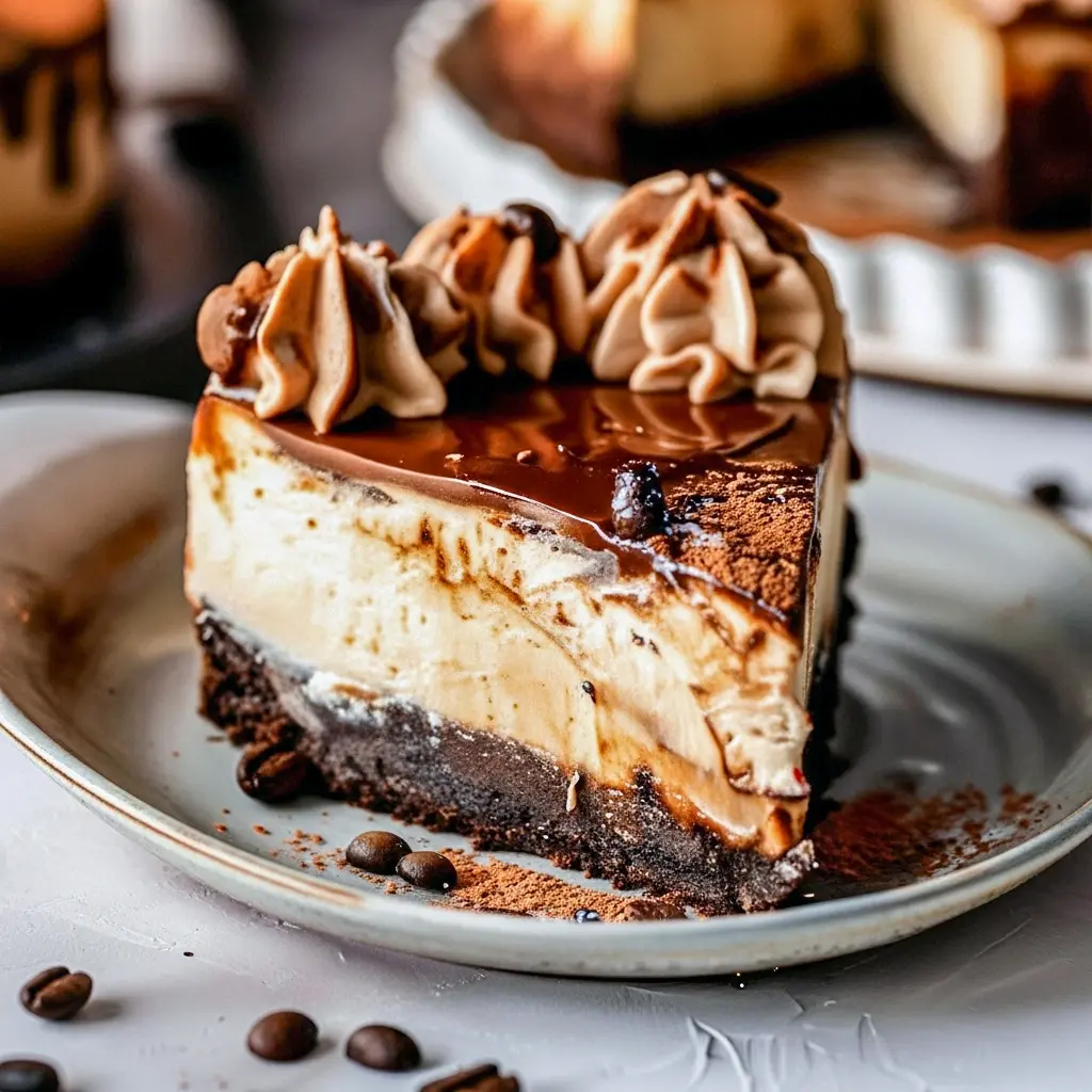 Close-up of a glossy espresso chocolate cheesecake slice with chocolate ganache and whipped cream, perfect as Food For Birthday, one of the best Fun Cheesecake Recipes, ideal for a Birthday Cheesecake table, and a beautiful Baked Cheesecake Recipe example, Unique Cheesecake Recipes.
