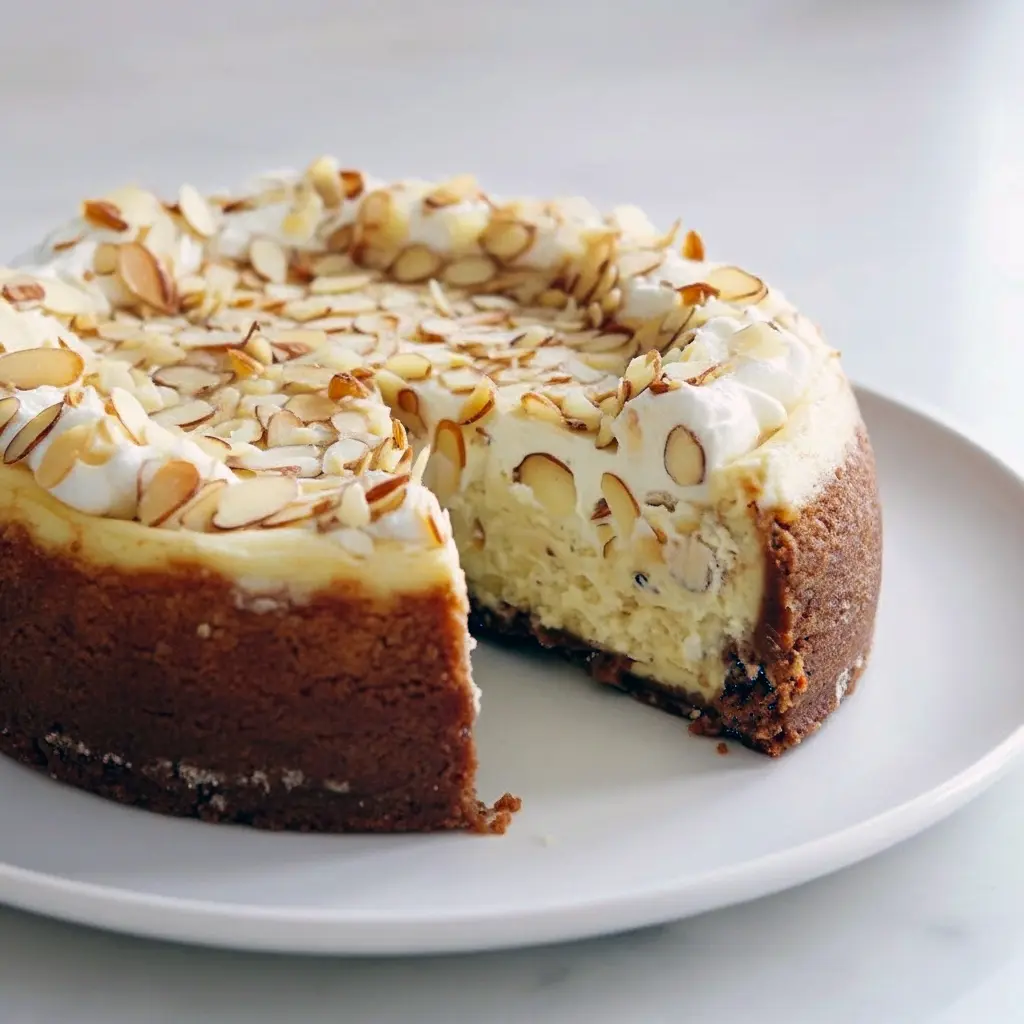 Slice of white chocolate-amaretto cheesecake on a plate, topped with toasted almonds and a drizzle of chocolate, with a fork at the side.