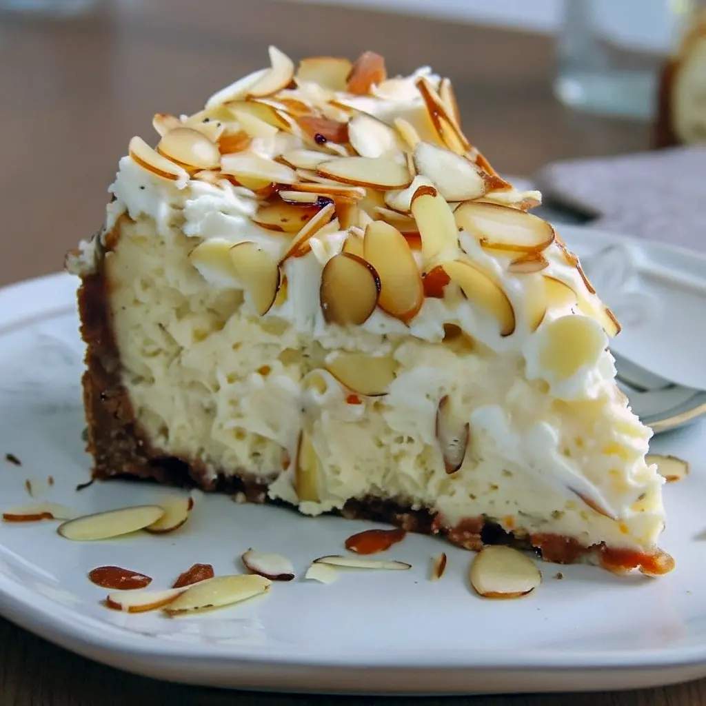 Slice of white chocolate-amaretto cheesecake on a plate, topped with toasted almonds and a drizzle of chocolate, with a fork at the side.