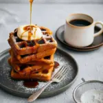 Stack of Gingerbread Waffles drizzled with maple syrup and topped with whipped cream, perfect for Christmas Breakfast and cozy Christmas Cooking mornings.