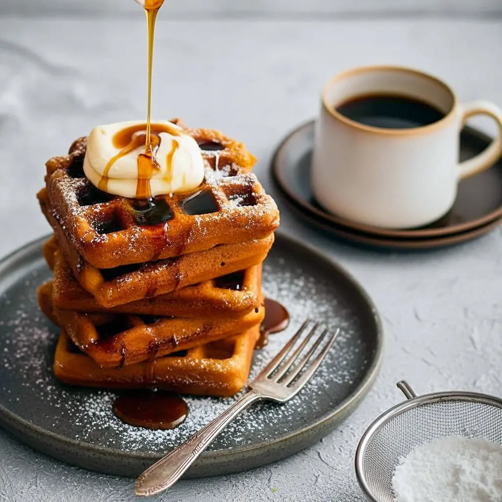 Stack of Gingerbread Waffles drizzled with maple syrup and topped with whipped cream, perfect for Christmas Breakfast and cozy Christmas Cooking mornings.