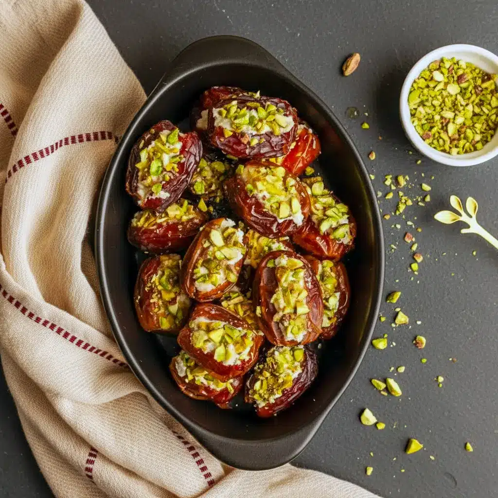 Close-up of ricotta-stuffed Medjool dates topped with chopped pistachios and a honey drizzle on a small white serving platter, Appetizer Snacks.