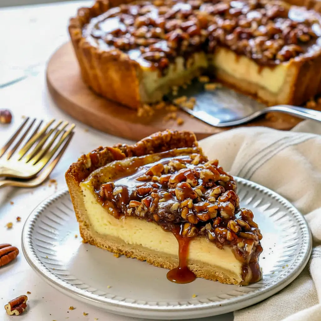 Close-up of a slice of creamy custard pie in an oat cookie crust, topped with caramelized pecans and glossy praline sauce, showing the smooth custard interior, Award Winning Pies Recipes.