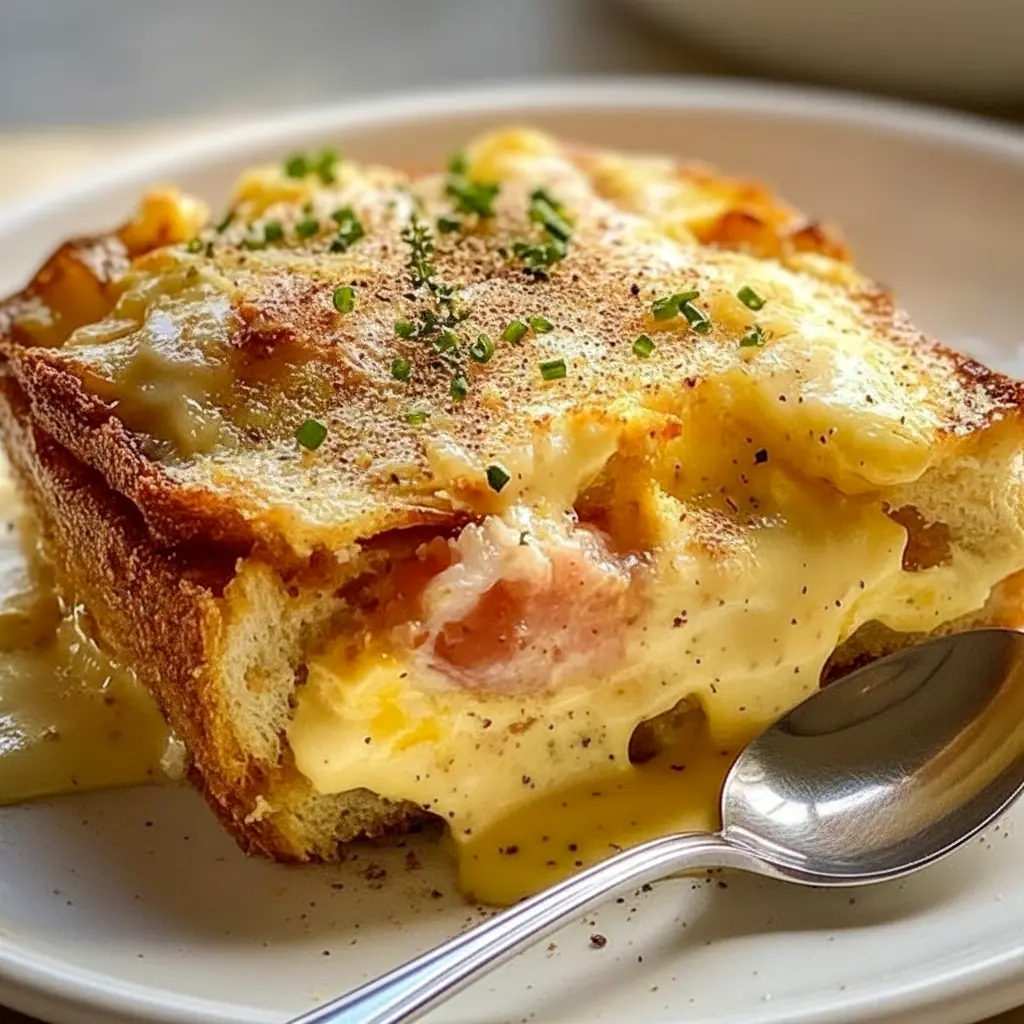Golden-baked eggs Benedict casserole with toasted English muffin pieces, melted cheddar, chopped ham and a drizzle of hollandaise, garnished with chives, Breakfast Eggs Benedict.