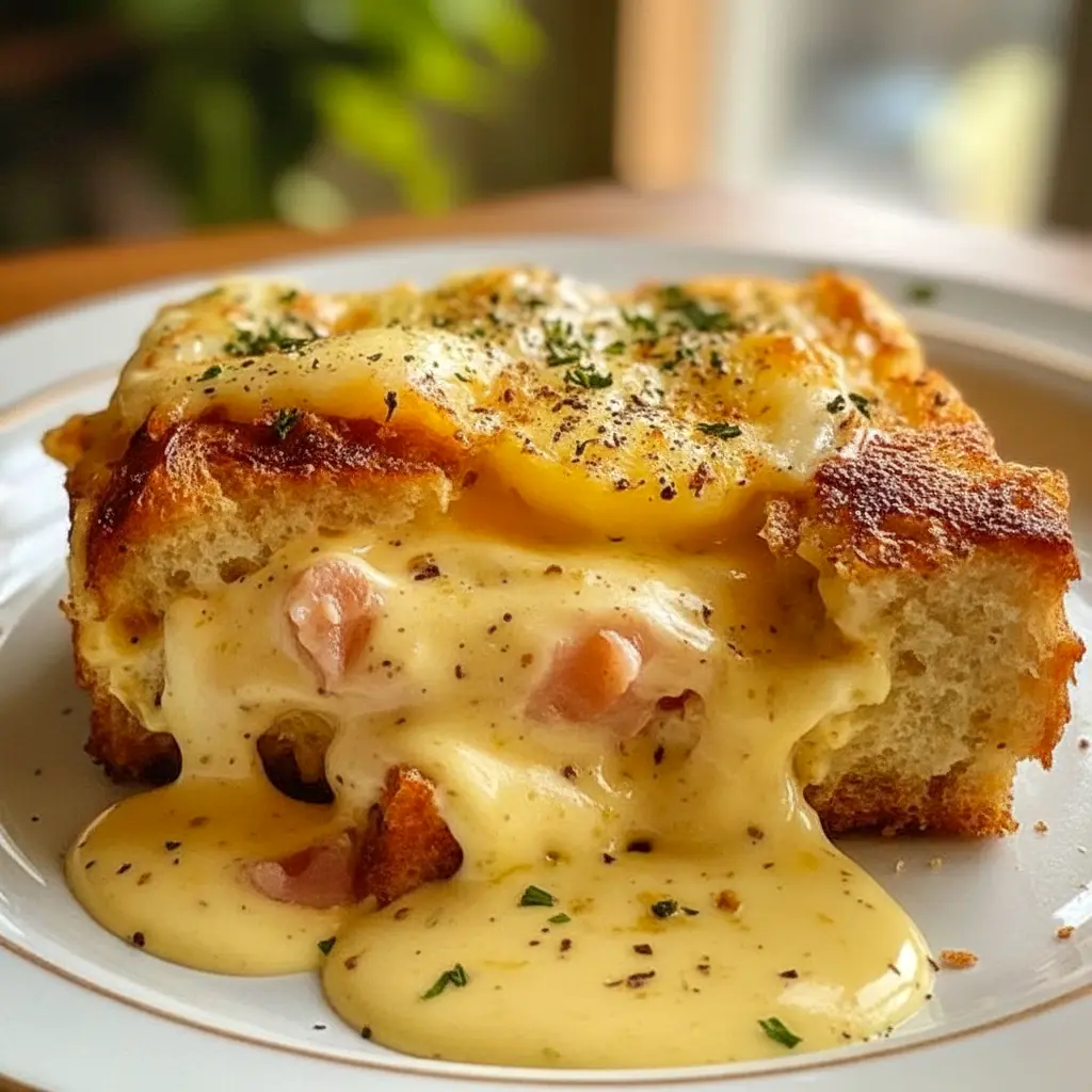 Golden-baked eggs Benedict casserole with toasted English muffin pieces, melted cheddar, chopped ham and a drizzle of hollandaise, garnished with chives, Breakfast Eggs Benedict.