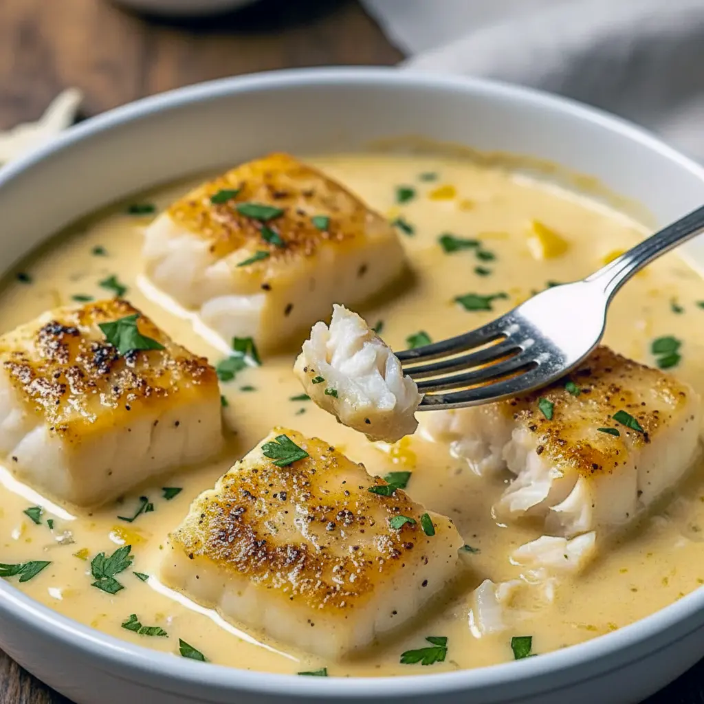 Baked Cod In Coconut Lemon Cream Sauce, Plate of flaky cod in a glossy coconut-lemon cream, garnished with herbs and lemon wedge — a restaurant-style Cod With Lemon Cream Sauce shot with subtle Pineapple Cod vibes, showing a classic Baked Cod With Lemon Cream Sauce presentation and rich Cod In Cream Sauce texture.