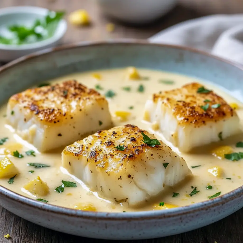 Baked Cod In Coconut Lemon Cream Sauce, Plate of flaky cod in a glossy coconut-lemon cream, garnished with herbs and lemon wedge — a restaurant-style Cod With Lemon Cream Sauce shot with subtle Pineapple Cod vibes, showing a classic Baked Cod With Lemon Cream Sauce presentation and rich Cod In Cream Sauce texture.