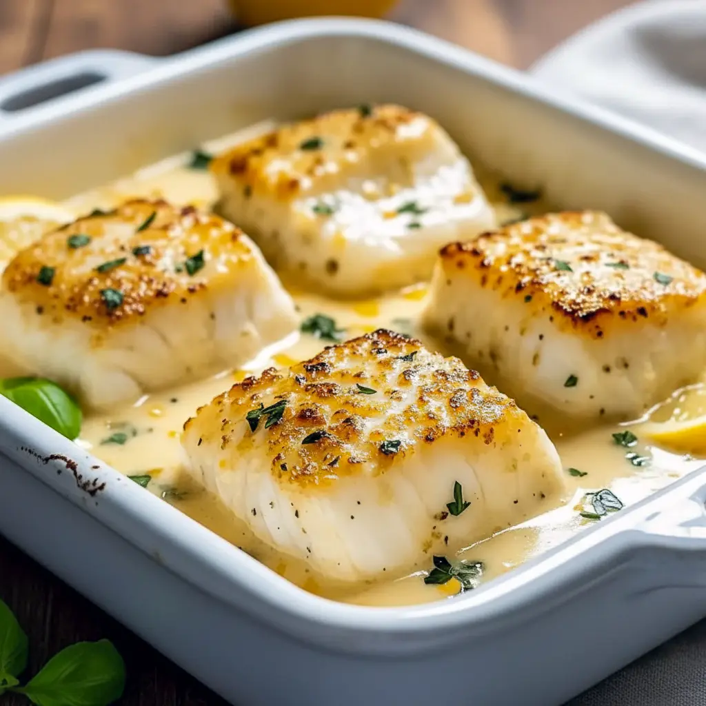 Baked Cod In Coconut Lemon Cream Sauce, Plate of flaky cod in a glossy coconut-lemon cream, garnished with herbs and lemon wedge — a restaurant-style Cod With Lemon Cream Sauce shot with subtle Pineapple Cod vibes, showing a classic Baked Cod With Lemon Cream Sauce presentation and rich Cod In Cream Sauce texture.