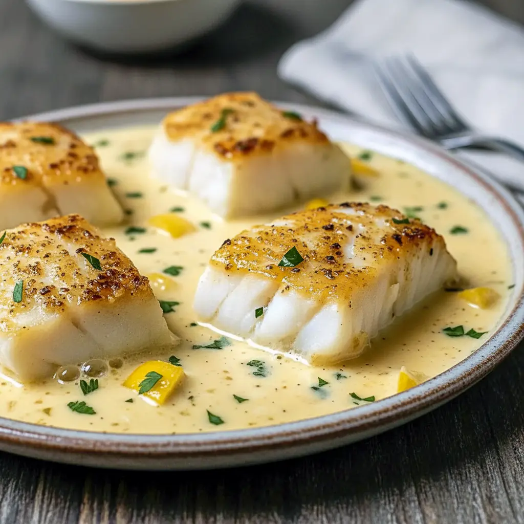 Plate of flaky cod in a glossy coconut-lemon cream, garnished with herbs and lemon wedge — a restaurant-style Cod With Lemon Cream Sauce shot with subtle Pineapple Cod vibes, showing a classic Baked Cod With Lemon Cream Sauce presentation and rich Cod In Cream Sauce texture.