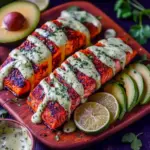 Seared Cajun salmon fillet topped with avocado-lime crema, served with rice and lime wedge.
